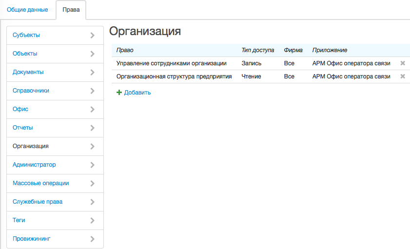 Права для работы с организационной структурой