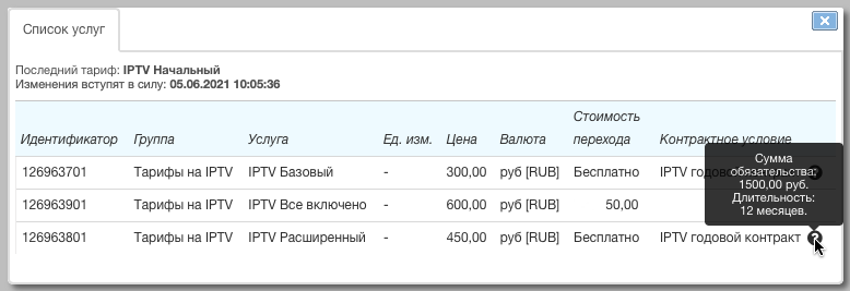 Список услуг со стоимостью перехода