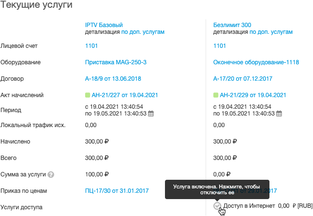 Текущие услуги абонента Текущие услуги абонента