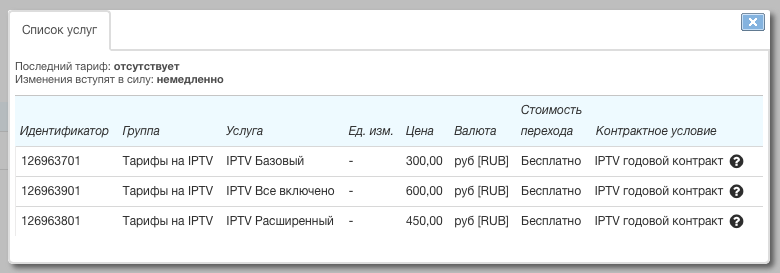 Контрактные тарифы в доступных услугах Контрактные тарифы в доступных услугах