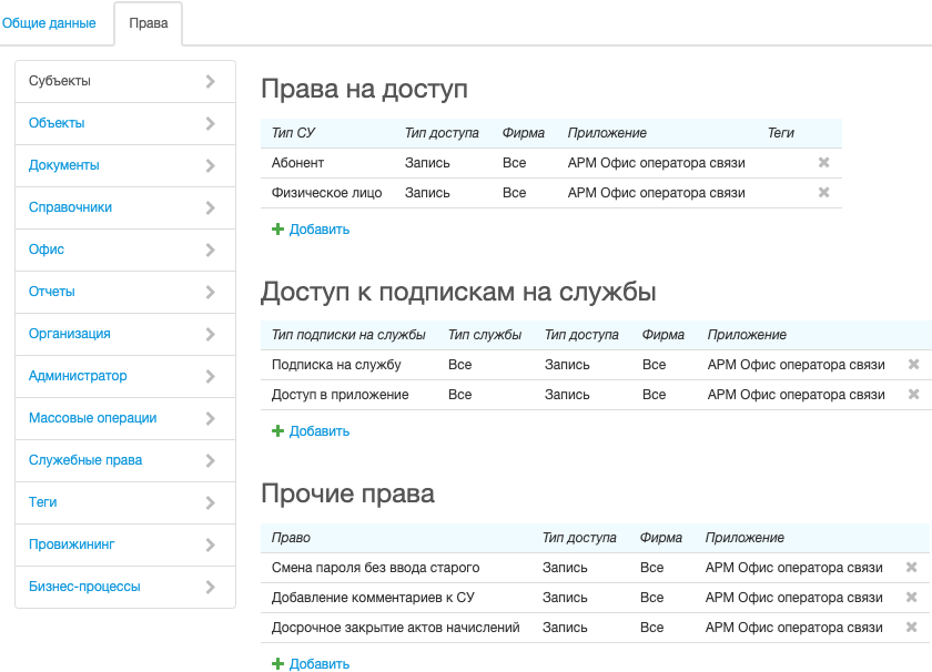 Права для работы с субъектами учета Права для работы с субъектами учета